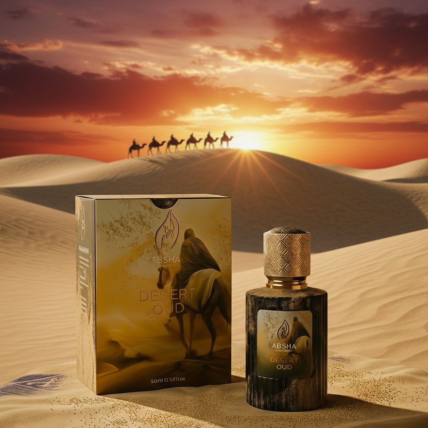 Desert Oud perfume with camels in Arabian desert